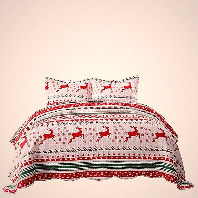 2/3 Pcs Elk Christmas Quilt Set Bedspread Cozy Bedding for Winter