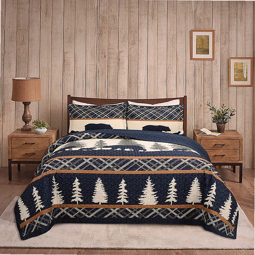3 Pcs Cabin Lodge Rustic Country Bear Quilt Bedspread Set for Winter ME504