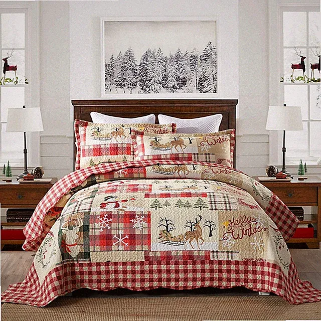 3 Pcs Christmas Quilt Lightweight Bedspread Set Plaid Coverlets for Winter