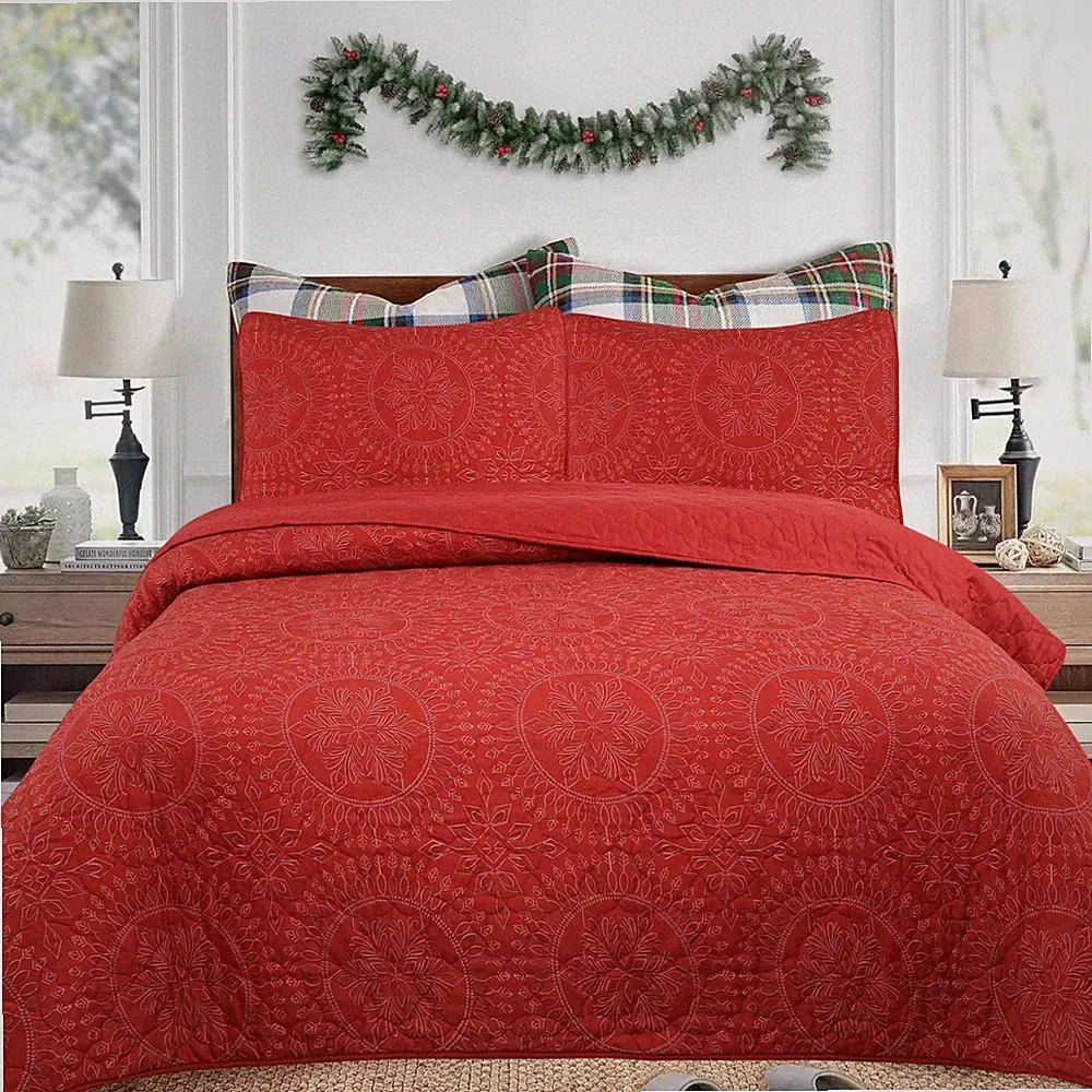 3 Pcs Festive Christmas Quilt Bedspread Set Holiday Bedding Medallion Red