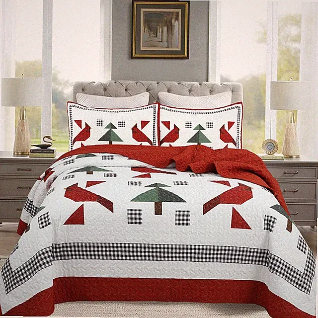 3 Pcs Winter Red Cardinals Christmas Quilt Bedspread Set Holiday Bedding
