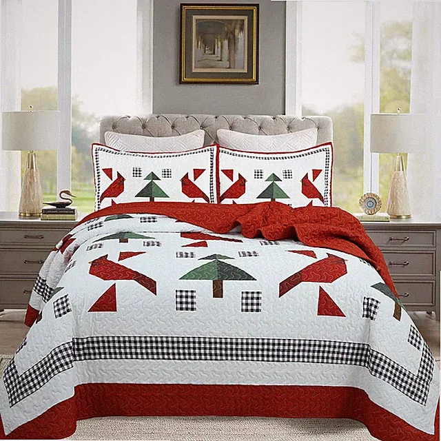 3 Pcs Winter Red Cardinals Christmas Quilt Bedspread Set Soft and Warm Bedding