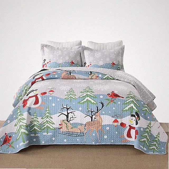 3 Pcs Winter Wonderland Reversible Bedspread Set Christmas Quilt BY215