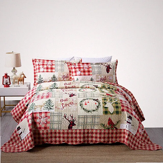 3 Piece Christmas Snowman Quilt Reversible Bedspread Set for Winter
