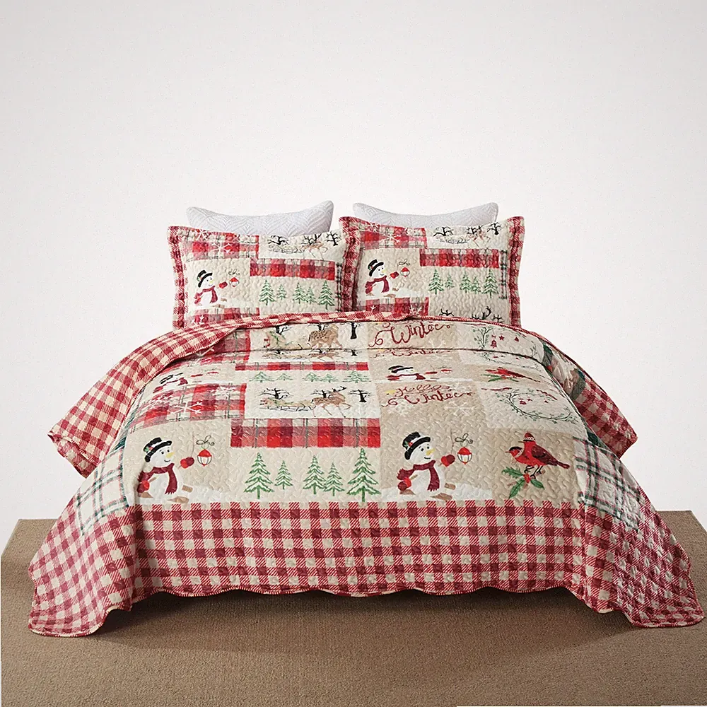 3Pc Snowman Christmas Quilt Set Velvet Quilted Oversized Bedding for Winter