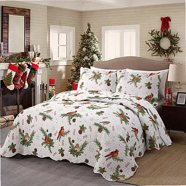 3PCS Winter Cardinals Christmas Quilt Set Bedspread Sets Decorated Warm Gifts