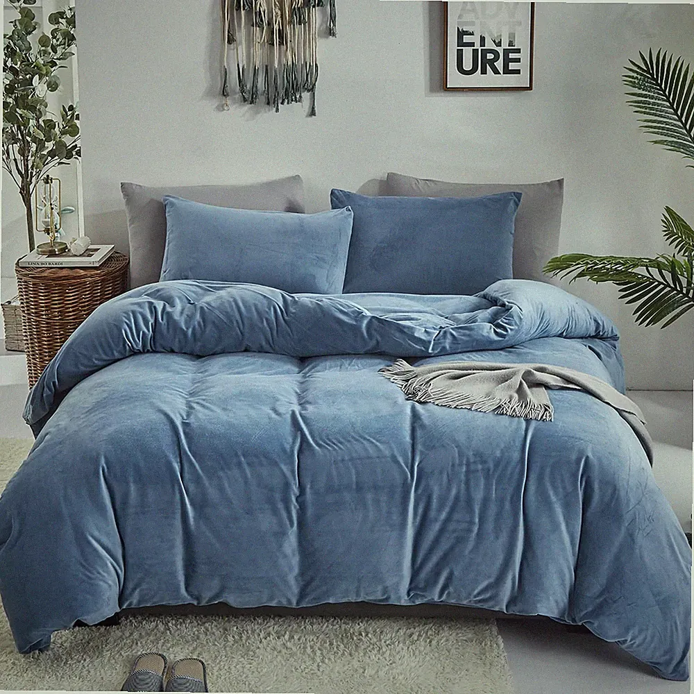 Blue Velvet Comforter Set King Lake Blue Flannel Plush Bedding Set Winter Thi...