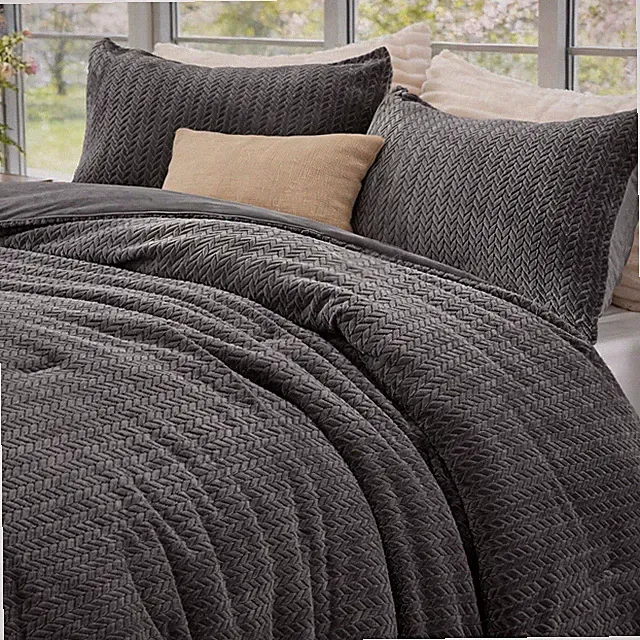 Flannel Fleece Comforter King Set - Furry Grey Leaves Pattern Faux Fur Bed Se...