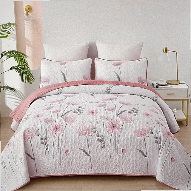 Floral Quilt Set Queen,Pink Bedspread Queen Size 3 Pieces Lightweight Farmhou...