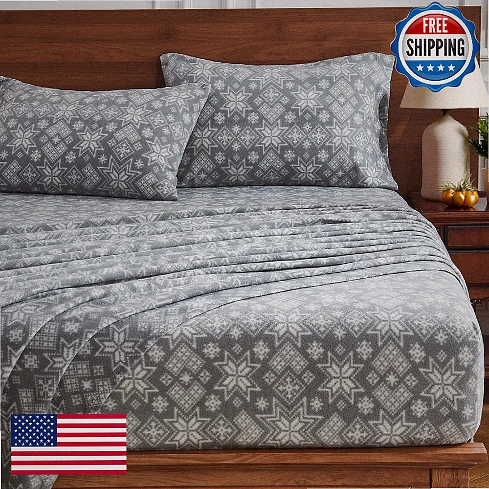 HYPREST Flannel Sheets Queen Size Grey Snowflake Warm Sheets Winter Bedding Fuzz