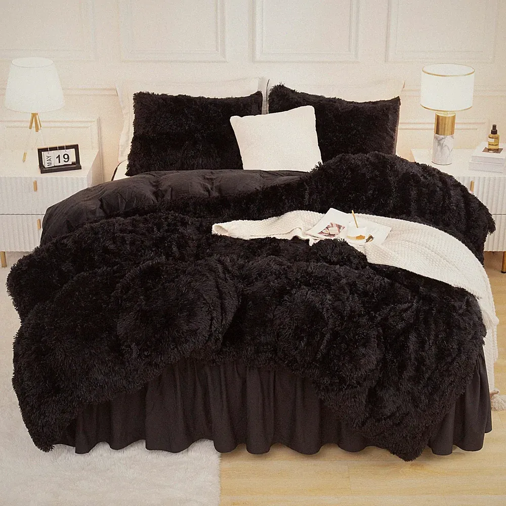 King Size Comforter Set Black, Fluffy Winter Faux Fur Warm Soft Plush Bedding...
