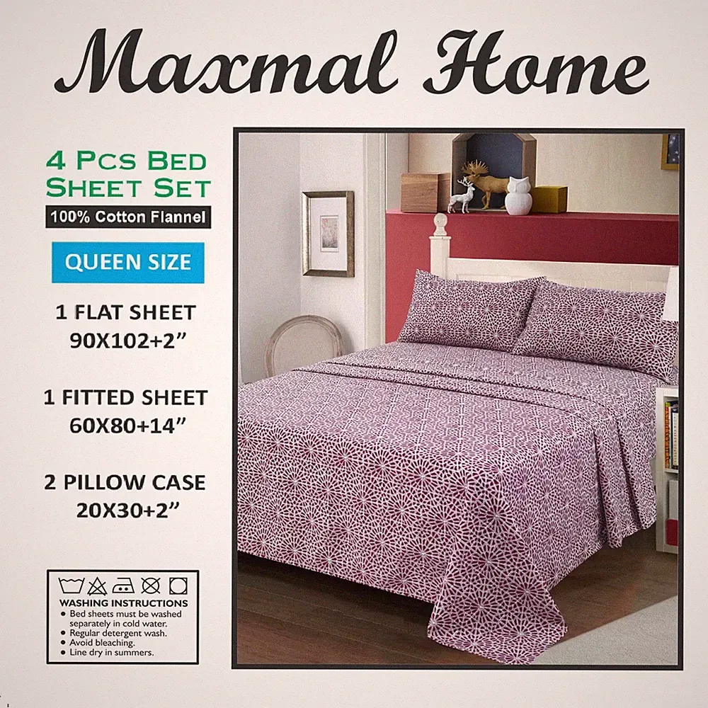 Maxmal Home 100% Cotton 4 Pieces Flannel Sheet Set Queen size, Winter Bedding