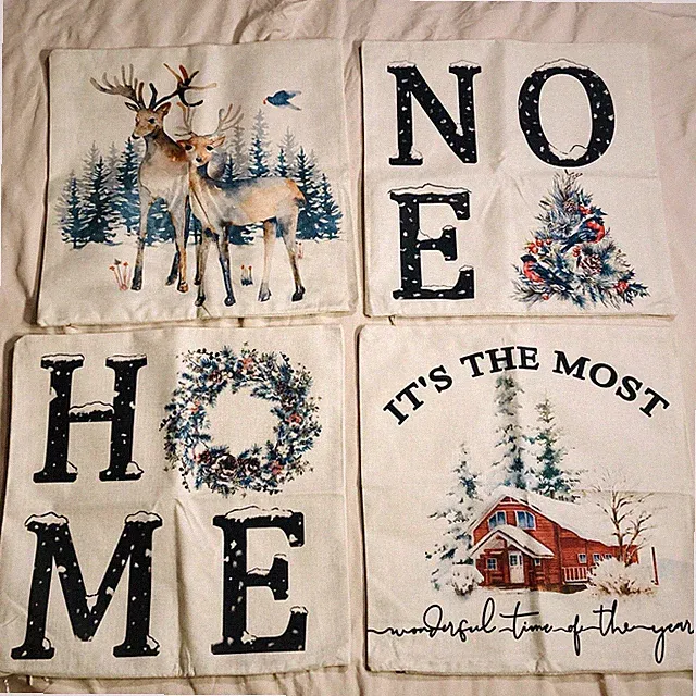 XMAS Winter PillowCases / Cover w/ Zipper in Painted Style Print Varied Set Of 4